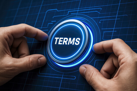 The concept agreement advancement is symbolized by hands adjusting a glowing digital dial labeled terms on a sleek virtual interface