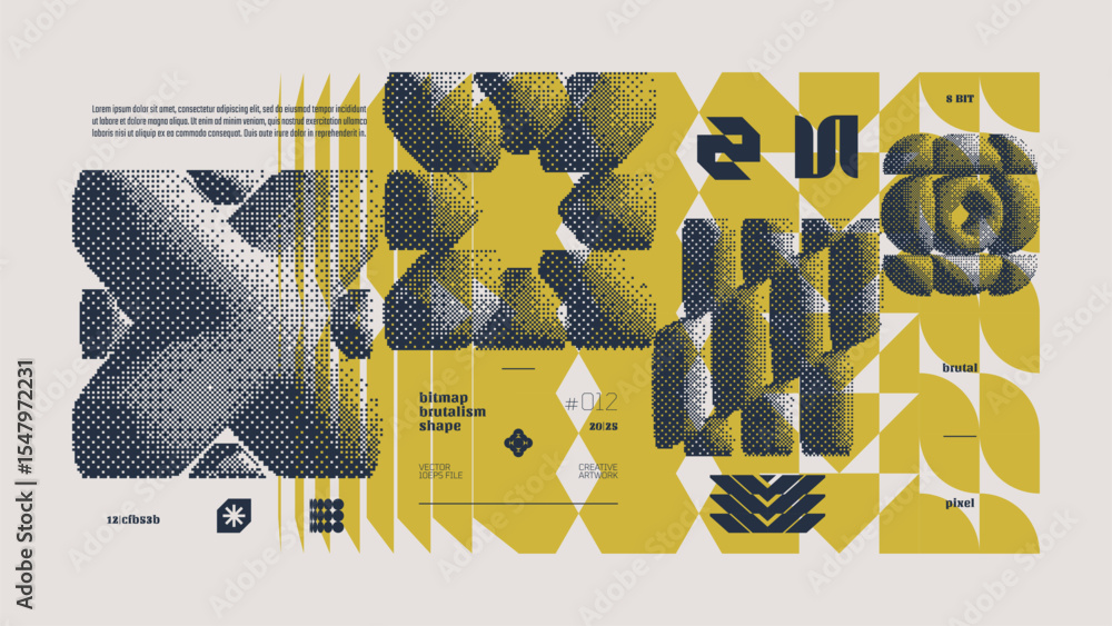 Poster dithering bitmap abstract vector color background with postmodern geometric graphic brutalism shapes