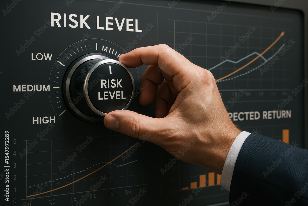 Poster adjusting the risk level on a digital dashboard illustrates managing uncertainty and optimizing proj