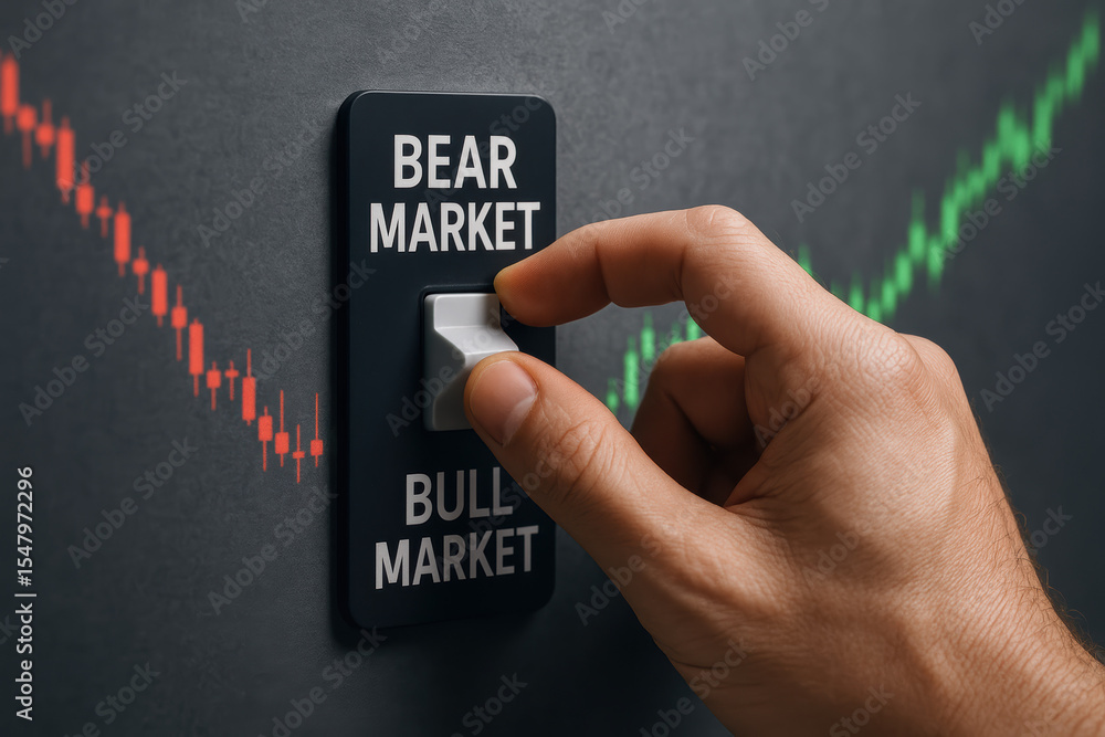 Poster a is shown switching between declining and rising stock trends symbolizing market volatility and inv