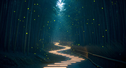 Glowing path through bamboo forest at night with fireflies floating in silent air, dreamlike atmosphere and secretive natural beauty in cinematic 16:9 ratio

