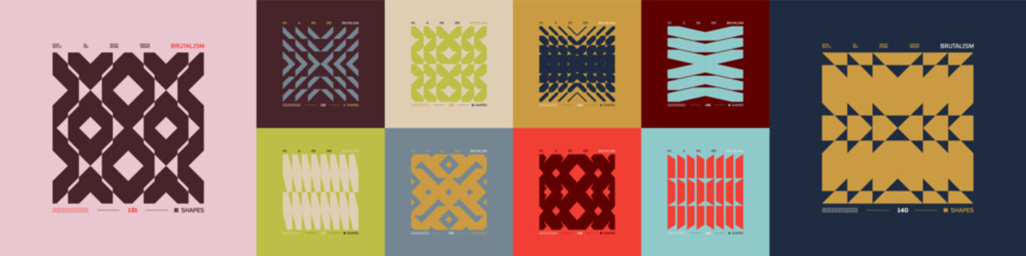 Fototapeta Kit of Postmodern geometric compositions with abstract shapes in brutalism aesthetics, mosaic of brutal figures, trendy color retro futuristic elements, vector modernist ornament, cards art 14