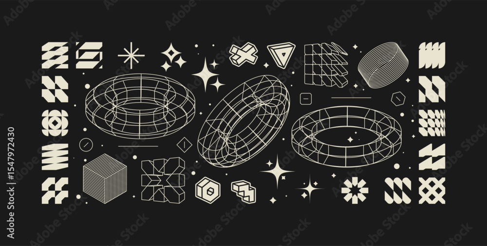 Poster vector graphic assets kit acid style, postmodern abstract geometric shapes with wireframe elements o