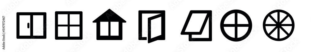 Poster windows solid icon set. home, building, architecture symbols in solid style