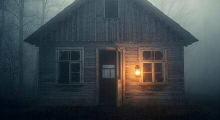 Foggy forest cabin with broken windows and open front door, lantern swinging outside in still air, quiet suspense and mystery, cinematic atmosphere
