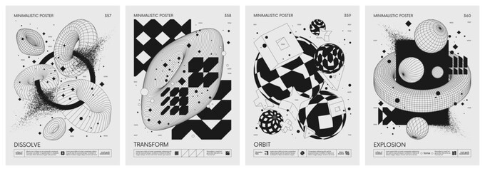 Brutalism style vector minimalistic Posters with silhouette postmodern figures, Futuristic abstract graphic wireframe elements of geometric shapes rave composition, Trendy modern print artwork set 90