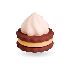 Realistic chocolate biscuit cookie icon with white cream. Delicious sweet pastry. Traditional home made bakery. Isolated vector cartoon style.