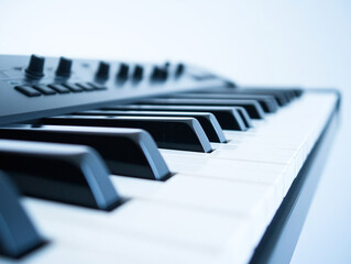 A synth keyboard key, isolated on a clean white background, showcasing its black and white design with no shadow.