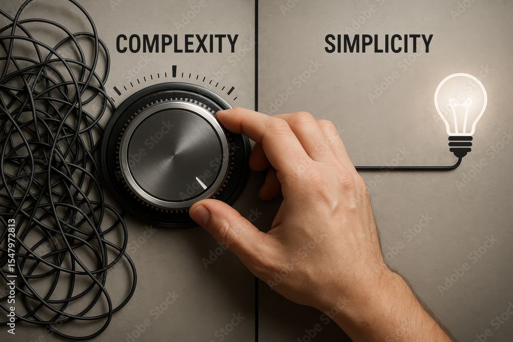 Poster a human adjusts a dial symbolizing the shift from complexity toward simplicity highlighting clarity 