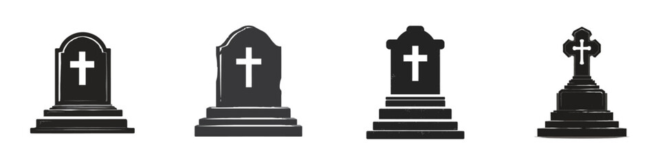 Fototapeta premium Various Black Silhouettes of Traditional Grave Markers and Crosses