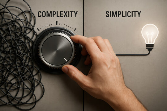 A human adjusts a dial symbolizing the shift from complexity toward simplicity highlighting clarity and focus in decision-making
