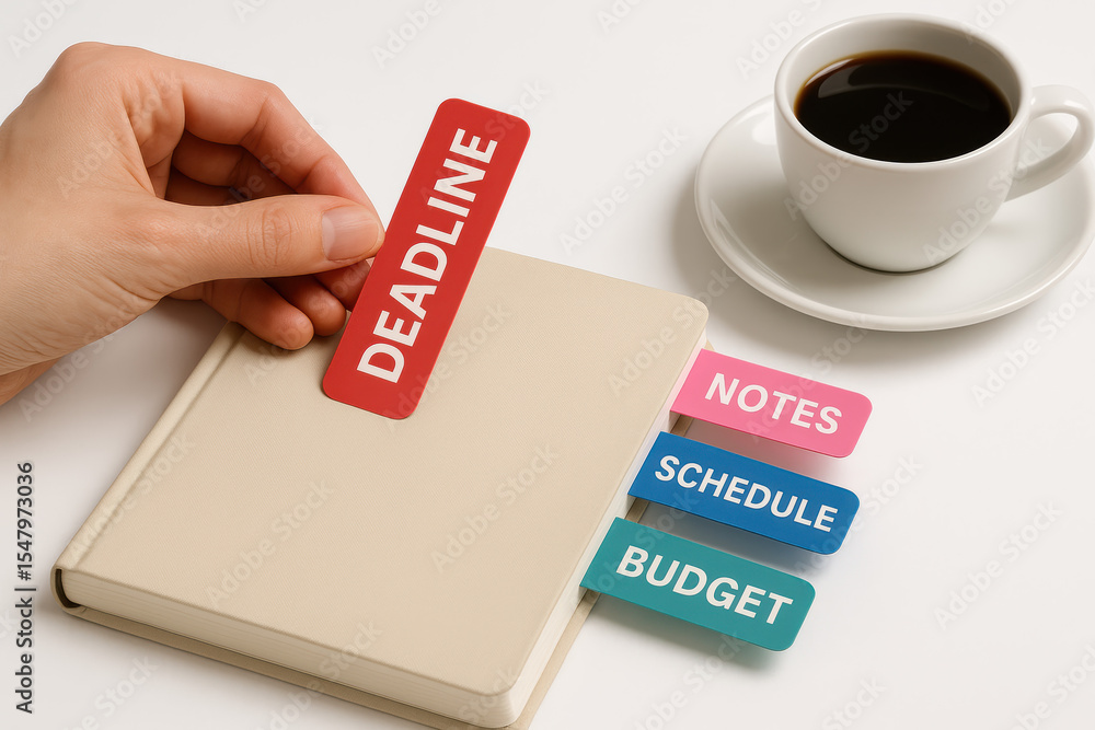 Poster a organizing planner tabs to manage timelines budgets schedules and notes symbolizing effective task