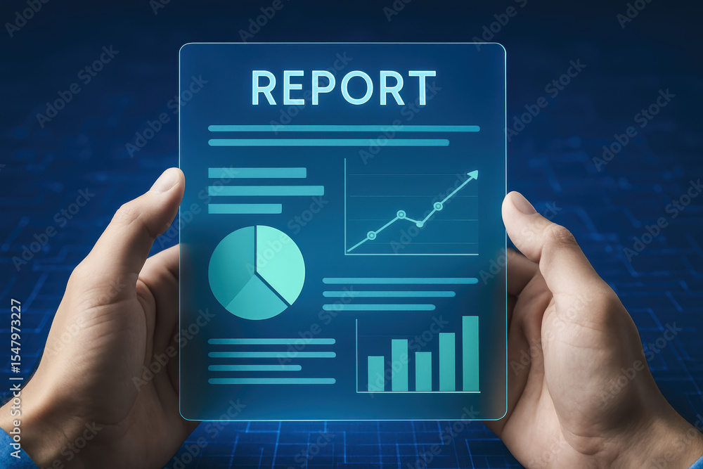 Poster a transparent digital report held by two hands highlights sustainability performance through charts 
