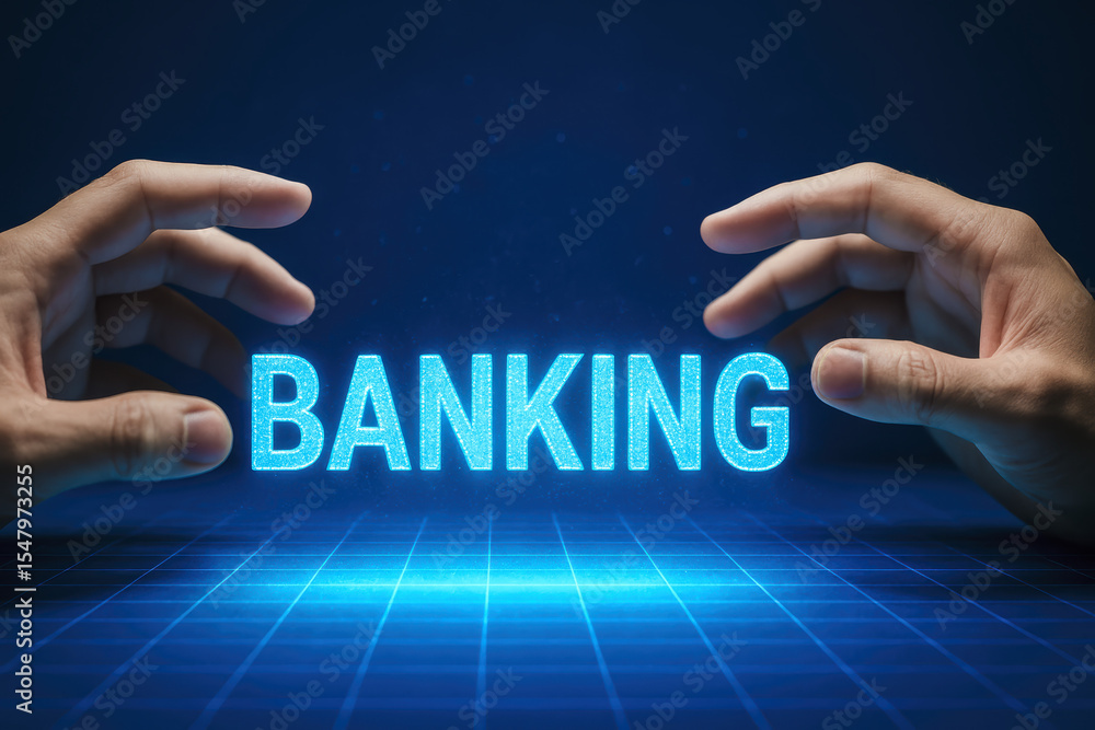 Poster a digital visualization banking concepts is presented between two hands hovering over a glowing virt