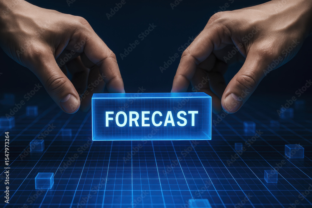 Poster planning future outcomes relies on accurate prediction and analysis as hands engage with a glowing d