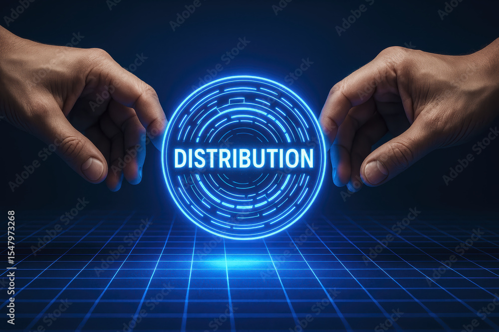 Poster the concept distribution is represented by two hands framing a glowing digital token above a vibrant