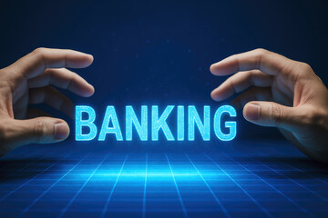 A digital visualization banking concepts is presented between two hands hovering over a glowing virtual surface symbolizing financial technology innovation