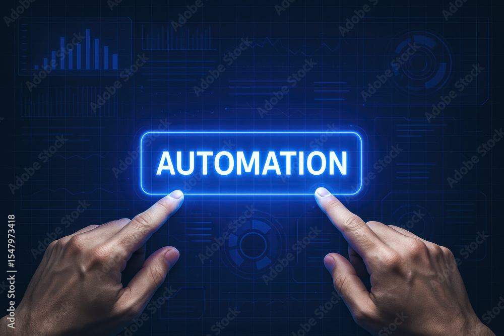 Poster two hands activate a glowing digital interface that symbolizes automation efficiency and technology 