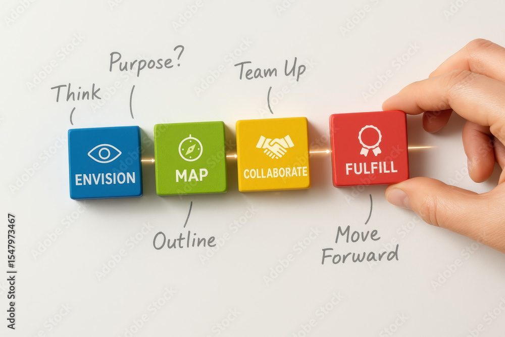 Poster a arranges colorful blocks symbolizing envisioning ideas mapping strategies team collaboration and f
