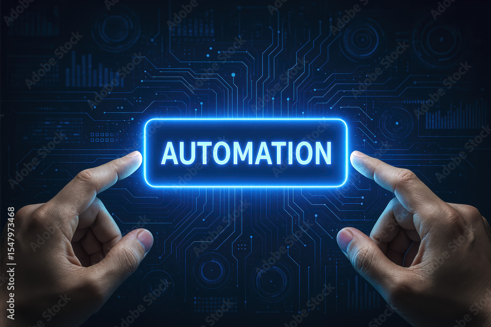 Poster innovation and efficiency drive progress as two hands activate a glowing automation control on a dig