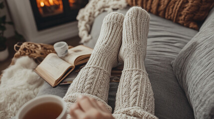 A close-up of a woman&rsquo;s feet in cozy socks, curled up on a couch with a book and a cup of tea.