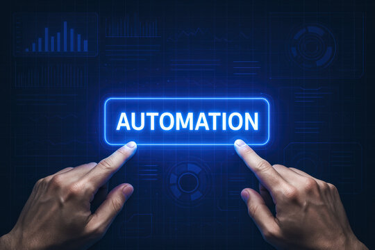 Two hands activate a glowing digital interface that symbolizes automation efficiency and technology in business workflows - Powered by Adobe
