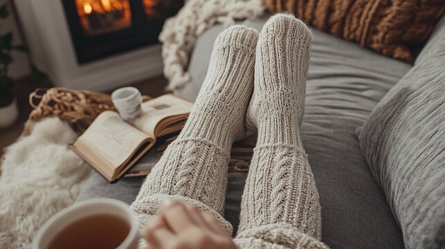 A close-up of a woman’s feet in cozy socks, curled up on a couch with a book and a cup of tea.
