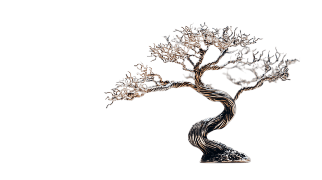 A brushed metal miniature bonsai tree, white background --ar 16:9