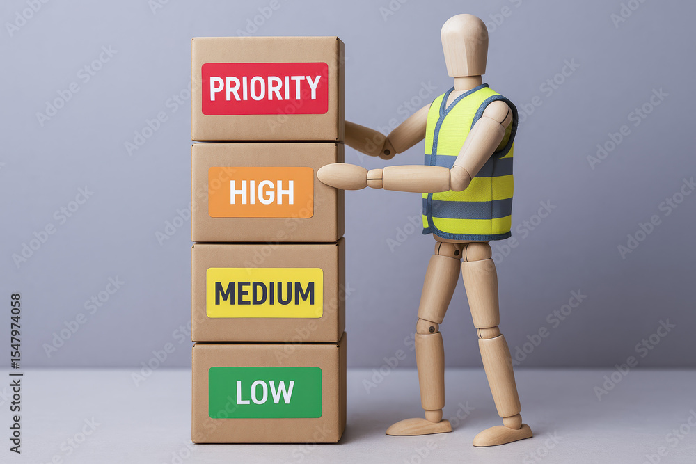 Poster a wooden mannequin organizes stacked boxes by priority levels illustrating workflow management and e