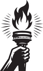 Black and White Vector Silhouette of a Hand Held Torch with Fire Blazing on Top Symbolizing Power Freedom Victory and Strength in a Bold Graphic Design