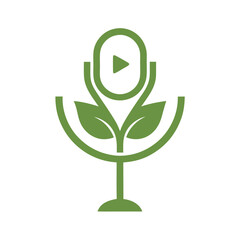 Green Plant Shaped Microphone with Play Button Icon on White Background Eco Friendly Podcast Media Symbol