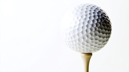 A close-up shot of a golf ball resting on a tee against a smooth white background,
