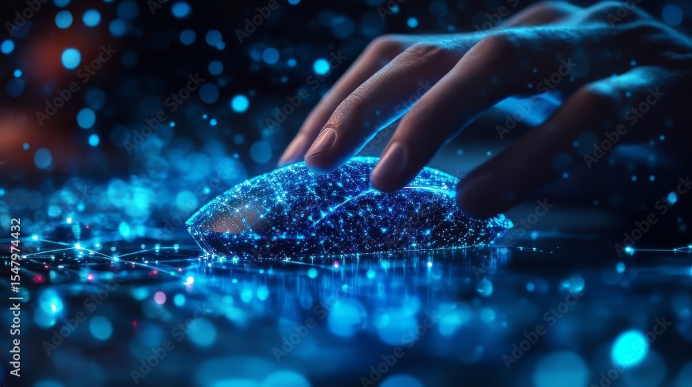 Fototapete abstract technology background: business man clicking on computer mouse with big data and internet n