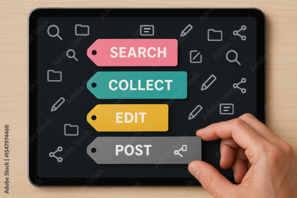 Poster digital workspace on a tablet screen illustrates the process managing content through searching coll