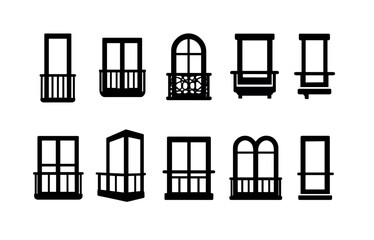 Balcony and window silhouette icon set. minimalist home architecture symbols