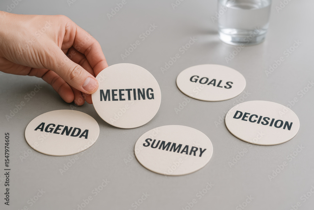 Poster a arranges key discussion points on a boardroom table symbolizing structured planning and decision-m