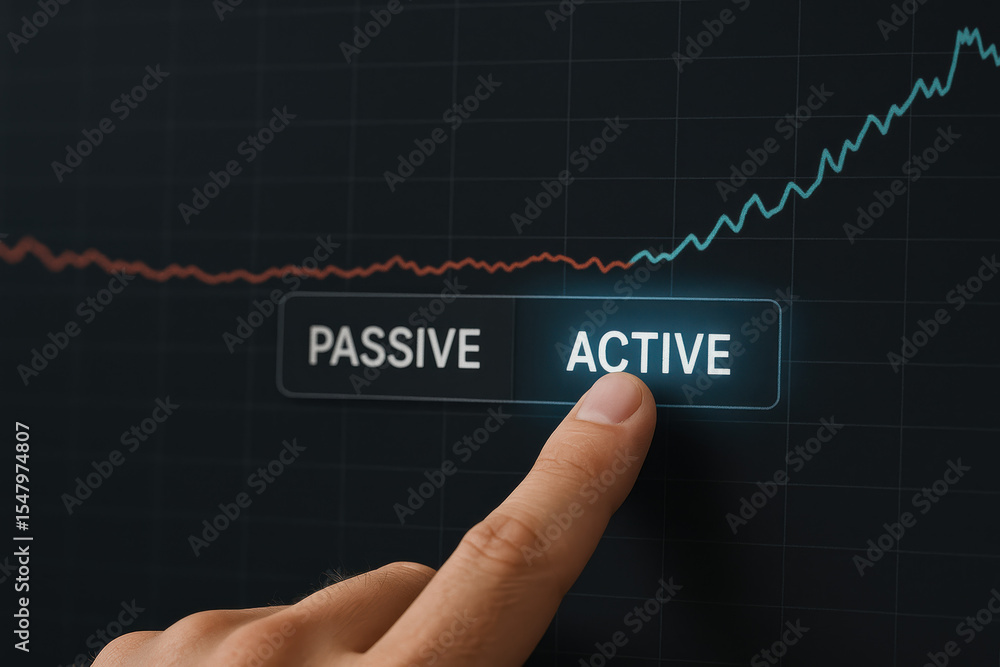 Poster a interacts with a digital control to switch investment modes illustrating real-time performance ana