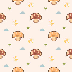 Mushroom cartoon so cute. On tree sun cloud background. Pattern seamless vector illustration. 