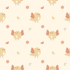 Fototapeta premium Bird cartoon so cute. On flower heart background. Pattern seamless vector illustration. 