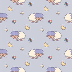 Sheep purple cartoon so cute. On rainbow moon star background. Pattern seamless vector illustration. 