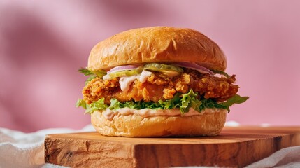 Delicious Crispy Fried Chicken Burger on Wooden Board Juicy Chicken Patty with Lettuce Pickles Onions and Creamy Sauce
