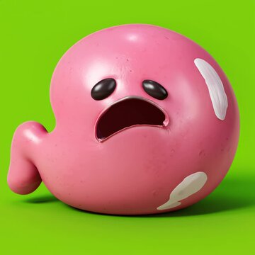 Video about a stomach pain and inflammation, ill, suffering, start with a smiling fave ends with a hurting screaming and and unhappy face grimace, over a green background  