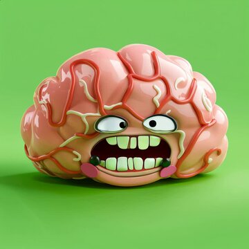 Video about a brain pain and inflammation, ill, suffering, start with a smiling face, ends with an angry screaming and and unhappy face grimace, over a green background  
