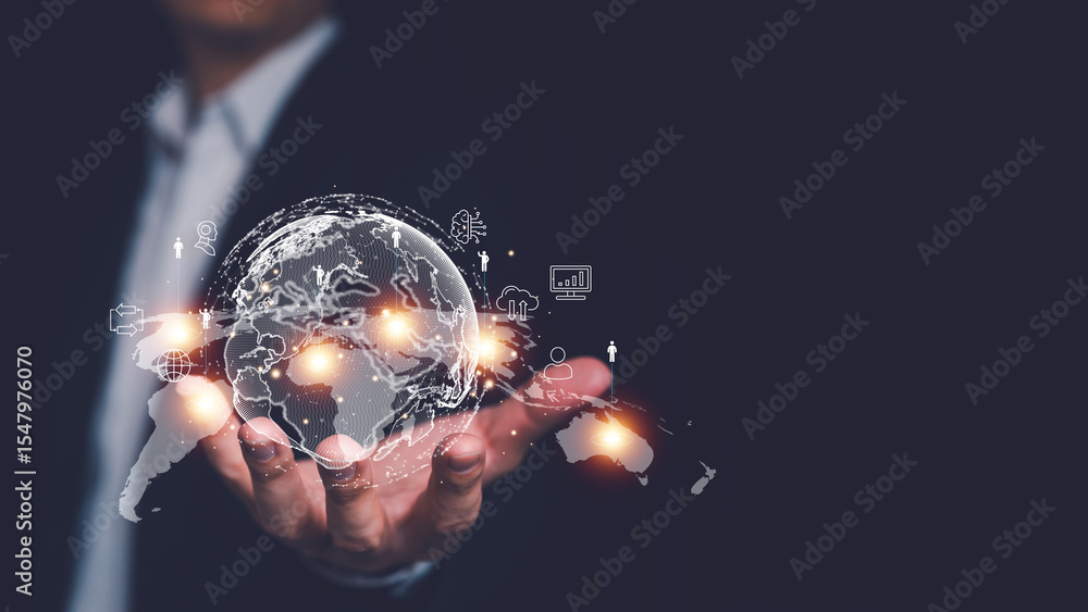 Poster man hand holding digital globe with bot icon. global data connection network