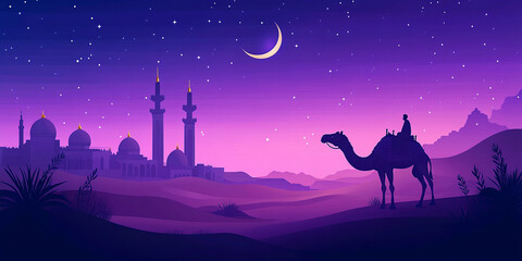 A serene desert landscape at dusk with a crescent moon and stars, featuring a camel rider approaching a majestic mosque silhouette amidst palms and mountains.