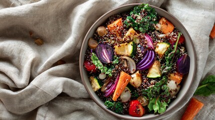 Rainbow quinoa salad with roasted veggies and greens on a linen tablecloth, airy composition, top view