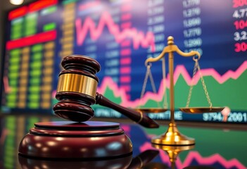 Gavel, scales of justice, and stock ticker on exchange board, fairness, symbol