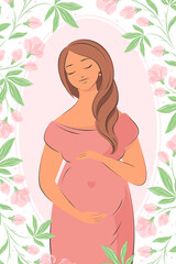Pregnant woman, future mom. Banner about pregnancy, breastfeeding and motherhood. Vector illustration.