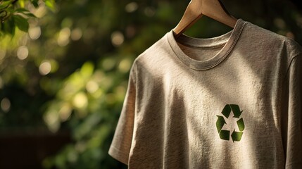 A T-shirt made of recycled cotton hangs on a wooden hanger. The shirt features a green recycling symbol, set against a blurred natural background.