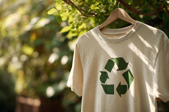 A T-shirt made of recycled materials hangs on a wooden hanger. The shirt is light beige with a green recycling symbol, emphasizing sustainability and eco-friendliness.